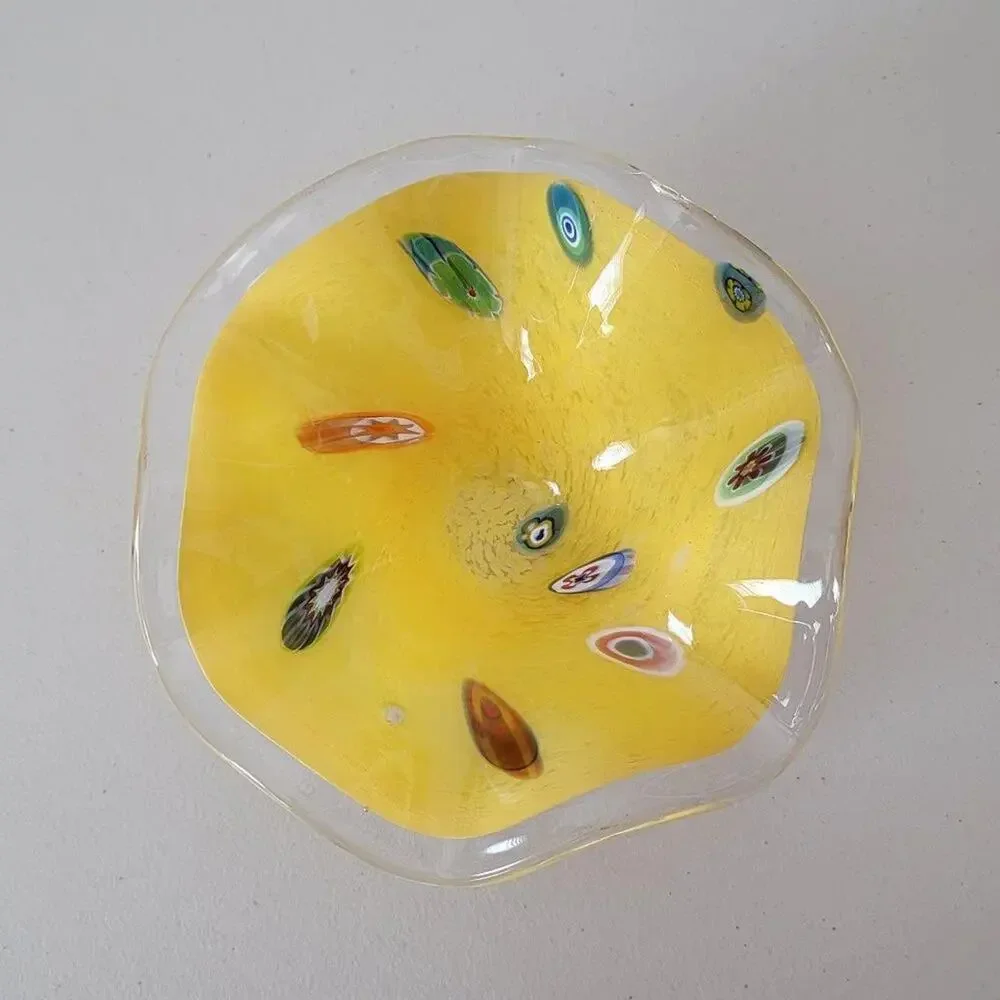 Vintage Style Yellow Art Glass Bowl Ruffled Edge Organic Centerpiece Decor - Picture 2 of 11